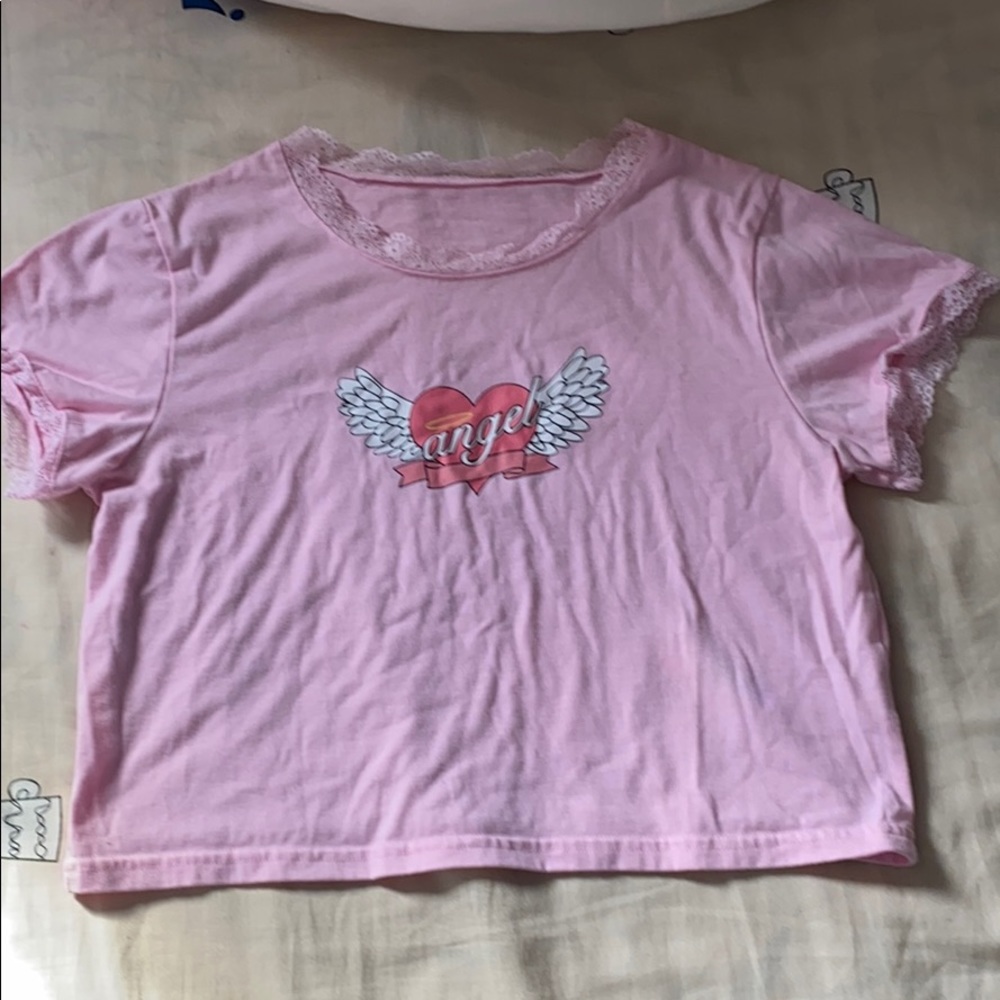 pink angel print lace t-shirt